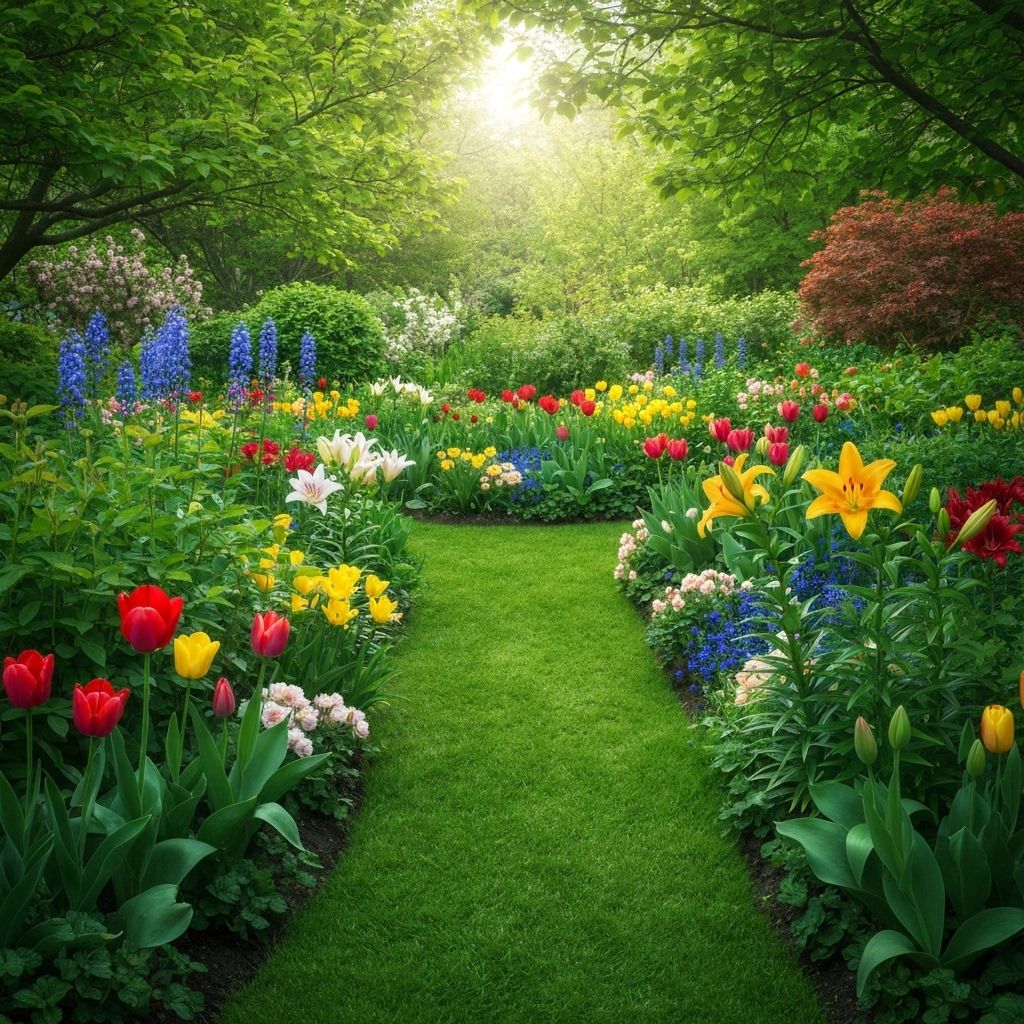 Lush green garden with colorful flowers